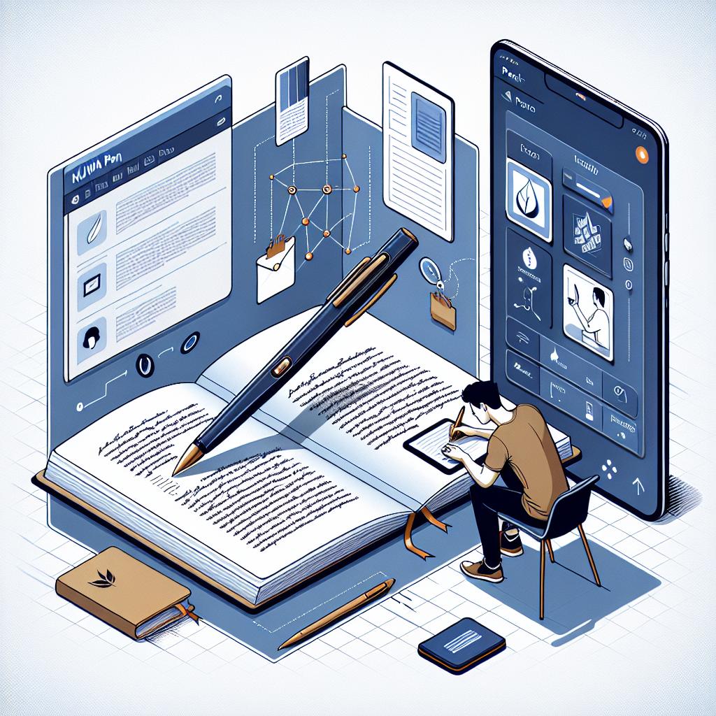Generate an image in a vector, flat, corporate style showcasing a smart pen coined as 'Nuwa Pen'. This pen, using computer vision technology and movement sensors, instantly digitizes written words on paper. Depict a person, mid-action, writing in a notebook using the Nuwa Pen. Accompany this with a smart device displaying the digitized notes in real time. The scene is framed in a modern office setting. All these are viewed from a 2D linear perspective. The background of the image is white, devoid of any textures. Contributing elements would be the pen representing innovation in writing, the notebook symbolizing traditional paper, the smart device showcasing digital integration, and the modern setting reflecting the contemporaneity and modernity of the tool.