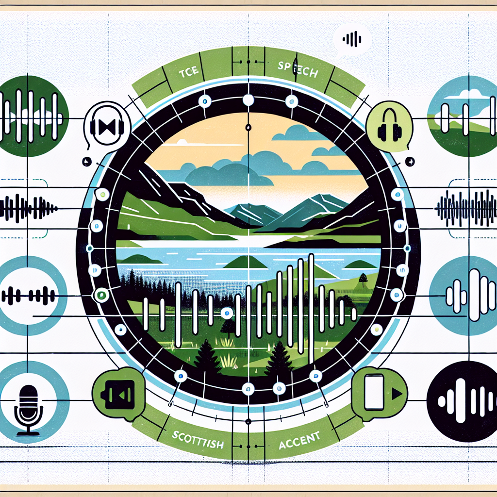 An image in a 2D, linear perspective of a software interface for text-to-speech technology developed by 'Tech Company', capable of transforming written texts into high-quality audio with authentic Scottish accents. This interface offers nine different Scottish accent options that can be used in various applications. The image background consists of Scottish landscapes, portraying mountains and lakes, implying the regional authenticity of the accents. Additions include audio icons that symbolize speech generation, set against a white, textureless background. The color scheme consists of green and blue, symbolizing the nature of Scotland. The style of representation is Vectorial, Flat, and Corporate.