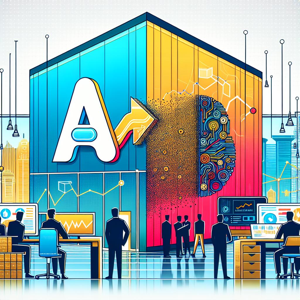 Visual of an acquisition celebration between two tech companies, Amplitude and Command AI. A flat vectorial style corporate image with a 2D linear perspective is envisaged. Key features include the logos of both companies, Amplitude representing the buyer and Command AI the newly acquired startup, against a textureless white background. Add in a visual effect suggesting growth, expansion and future potential. Use vibrant colors to underscore the themes of innovation and technology. Also, include in the background a modern office setting to reflect the current corporate landscape.