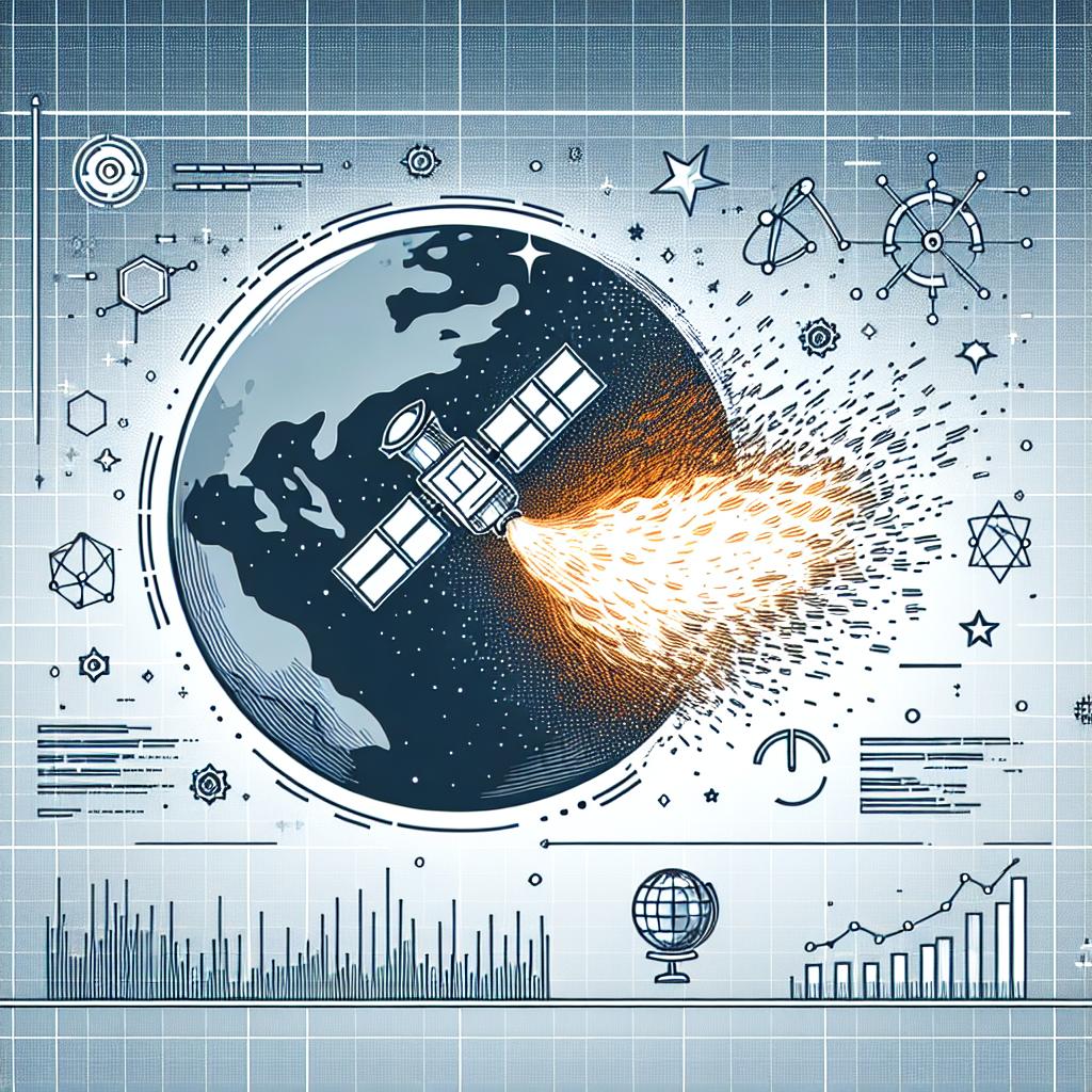 A 2D linear vector image in a corporate flat style, set against a white and textureless background. It depicts the scene of a satellite reentering the earth's atmosphere, represented by the visual metaphor of the brightly burning satellite against a space-themed background. This is symbolic of environmental research on the impacts of satellite burnout. Additional elements include various graphs symbolizing collected data and scientific analysis, added to emphasize the diligent monitoring and research efforts undertaken by a diverse team of researchers.