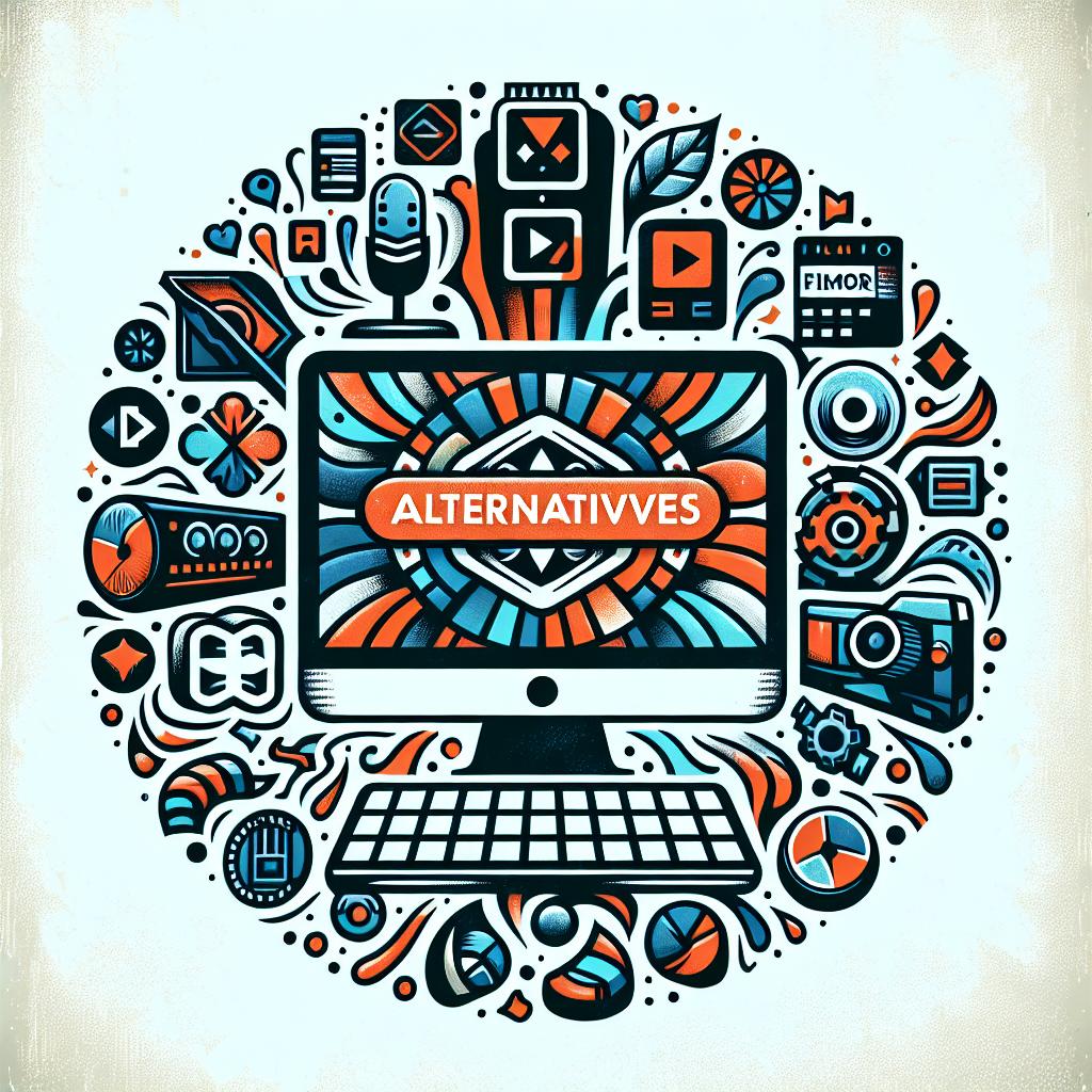 Generate a corporate and flat 2D vector illustration on a white, texture-less background. The image should depict the idea of digital video editing. Picture a computer on a colorful, attention-grabbing backdrop with multiple software icons signifying alternatives to a popular video-editing software, Filmora, scattered around it. Also, incorporate the text 'Alternatives to Wondershare Filmora' to highlight the image's central theme.