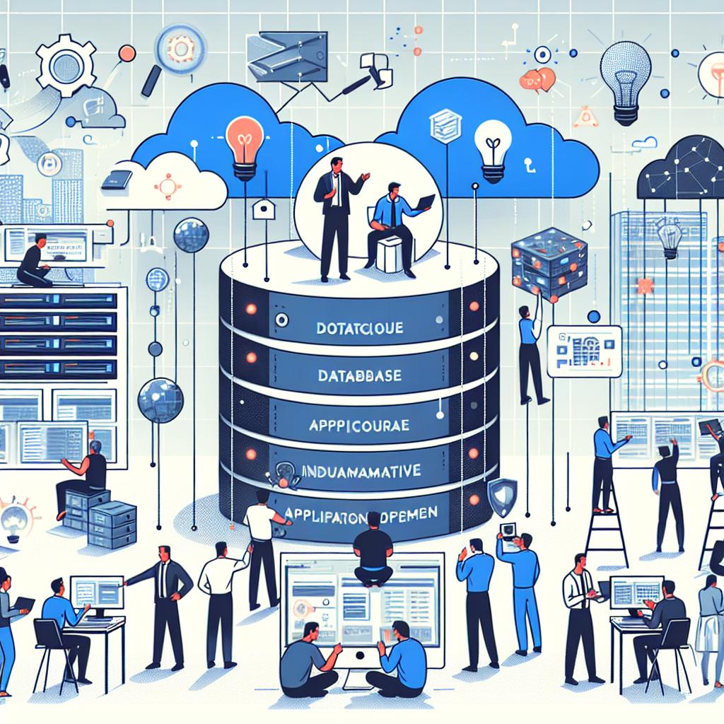 Create a 2D, flat, and corporate-style vector illustration on a white and textureless background. The scene illustrates October 2, 2024, when Google Cloud announced a cocktail of innovations in its database solutions aimed to propel artificial intelligence (AI) application development in companies through the modernization of its infrastructure and management tools. Picture developers of varying gender and descent working on AI applications underscored by database and network icons against a technological backdrop. Additional elements include cloud icons symbolizing cloud services and scalability, and a background signifying technology and AI innovation. Reflect the importance of collaborative work in innovation through the depiction of the developers.