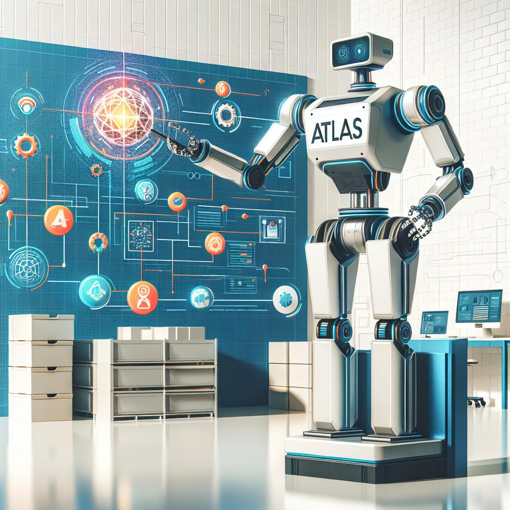 Create a 2D, flat, corporate style, vector image of the Atlas robot in a work environment. The robot should be shown interacting with objects, demonstrating its advanced capabilities and potential in conducting complex operations. The background should be white and textureless, with vibrant colors used to highlight the robot and attract attention. Additionally, include various technological icons in the scene to further illustrate advancements in robotics. Please remember this image should have a sense of innovation and cutting-edge technology.