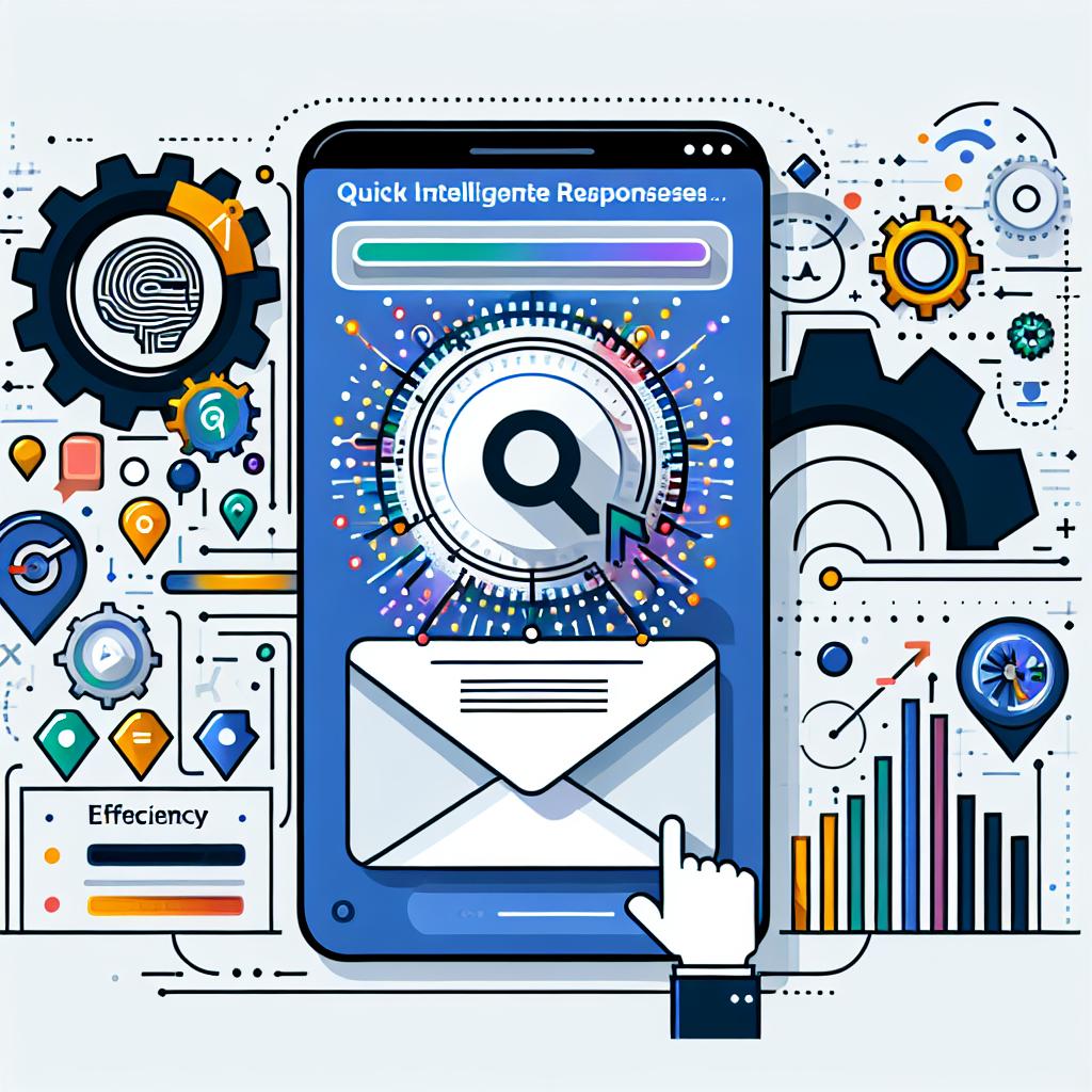 Create a vector-style, flat, corporate-style image that showcases the new feature of quick intelligent responses in Gmail using Gemini technology. The image should include visual elements to represent efficiency, maybe with gears or artificial intelligence icons in the background. The image has a white, untextured background in a 2-dimensional, linear perspective. It has additional elements like AI icons to symbolize the underlying technology, gears to represent efficiency and innovation, vibrant colors to attract attention to the modernity of Gmail, and an opened email screen to show the practical use of the feature.