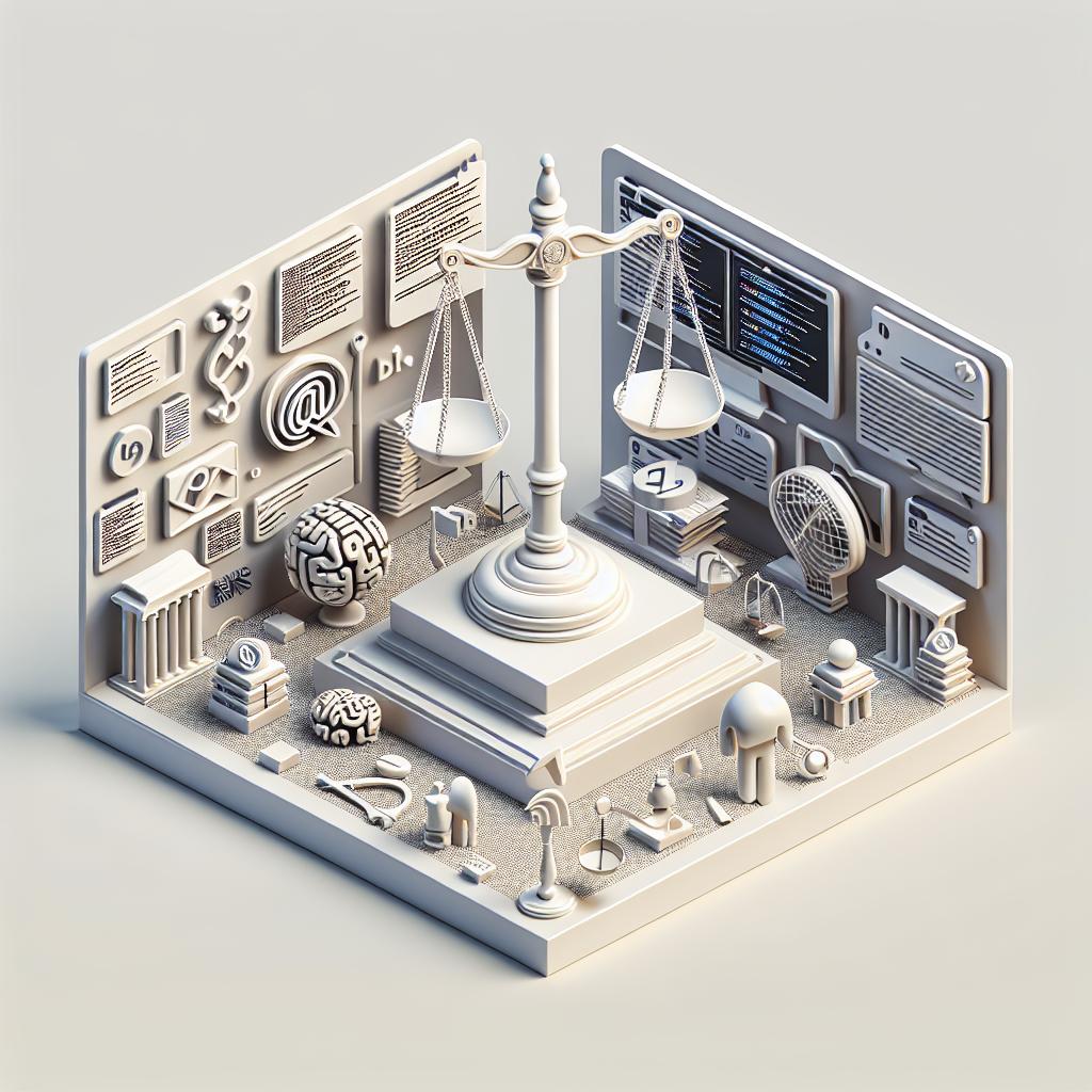 Create a 2D, flat, corporate style image on a plain white background. It should illustrate a legal dispute involving the use of artificial intelligence data. The scene should include symbols of technology, copyright, and justice. Incorporate the scales of justice to symbolize the ongoing legal dispute. Also include coding scripts to represent artificial intelligence, and news articles to symbolize the media's role and impact in this. Ensure all items are in a balanced composition to reflect a balanced perspective on the issue.