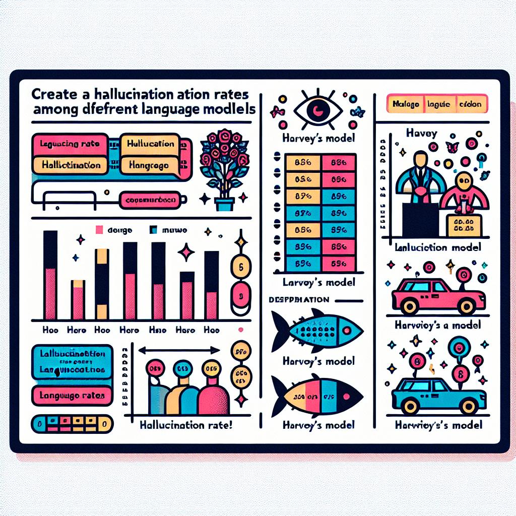 Create a 2D, linear illustration showing the comparison of hallucination rates among different language models, noticeably demonstrating the efficiency of Harvey's model. The illustration should be in a flat, corporate style with a plain white background. It should include bar charts to visually depict comparisons between hallucination rates. Each language model should be represented with distinct colors to facilitate identification. Also, ensure that the data is clearly labelled for easy comprehension.