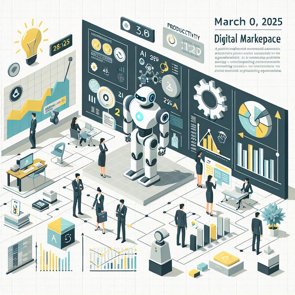 A 2D, flat, and corporate-style vector image set on a white, textureless background. The image is designed to represent a digital marketplace on March 4, 2025, with the key spotlight on AI agents and robots automating administrative tasks in a contemporary office environment. Specifically, include virtual robots that simulate task automation. These robots could be seen interacting with various devices and tools around the office to mirror the digital labor market. Also, incorporate different productivity graphics, such as charts and graphs, indicating an increase in efficiency due to automation.