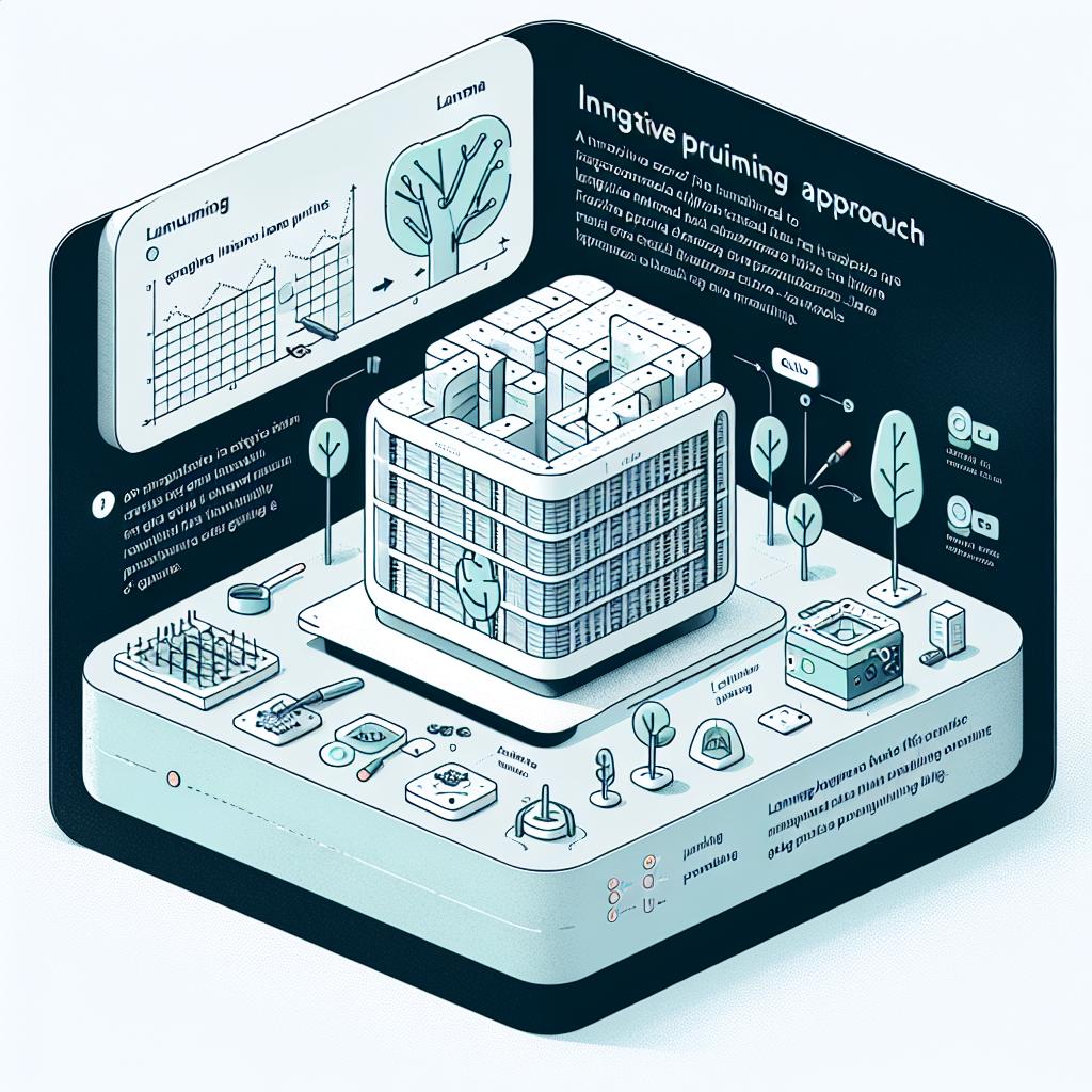 Create a 2D, vector-style, flat corporate illustration on a non-textured white background. The image is designed to show an innovative pruning approach applied to Large Language Models (LLMs) like LLaMA 3.2, which maintains the structure of Gated Linear Units (GLUs). The illustration shows the pruning technique, highlighting the removed and preserved components, in comparison with the original model. It also includes an explanatory text on the benefits of pruning in language models. Additional elements include a chart illustrating the efficiency of pruning, an outline of the model highlighting the GLU structure and parts affected by pruning, and icons of different LLMs used in the researched study.
