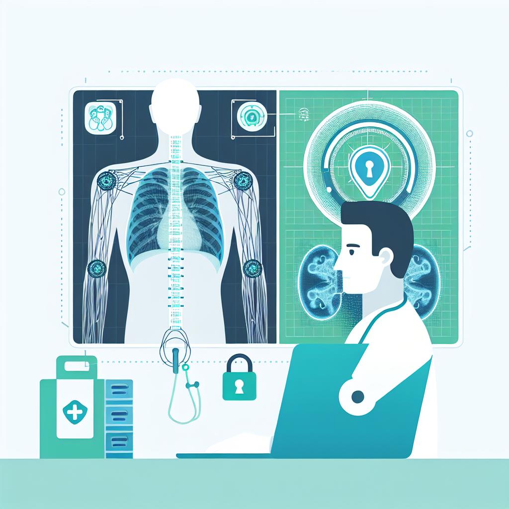Create a 2D, linear image applying a vector, flat, and corporate style. Reveal an illustration symbolizing the interaction between artificial intelligence and medical diagnostics. The background is plain white, without texture. The primary visual elements are a blue and green color palette, conveying trust and technology, an X-ray image symbolizing practical application of AI in medical image analysis, and a padlock, the symbol of security and protection against breaches. Note: the image does not depict specific people or copyrighted contents.