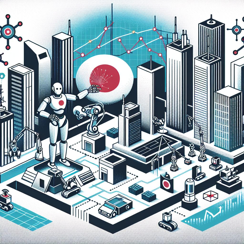 A flat, corporate-style, vector illustration in a 2D linear perspective on a white, texture-less background. It symbolizes Japan's aspirations to become a global powerhouse in artificial intelligence (AI) through collaboration with tech companies. The scenario is set amidst images of modern Japanese cities representing technological advancement. Additionally, robots are depicted at work symbolizing automation and efficiency. Rising economic growth charts indicate macroeconomic progress. Strategic partnerships are symbolized using overarching tech and robotics themed symbols instead of specific company logos.