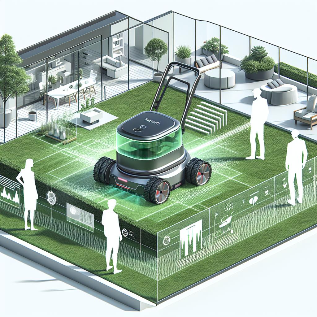 Show a 2D, linear perspective, image of the Lymow One, a smart robotic lawnmower, in action in a modern garden. The robot should exhibit attributes such as mulching blades and a tracking system, set on a lush green lawn signifying the result of automated care. Also, include a few people of diverse genders and descents, observing the technology, to symbolize public acceptance. The image should use a flat, corporate, and vector style. The background should be white and textureless. All the elements should be presented in a way that highlights the technological innovation and efficiency of the robot.