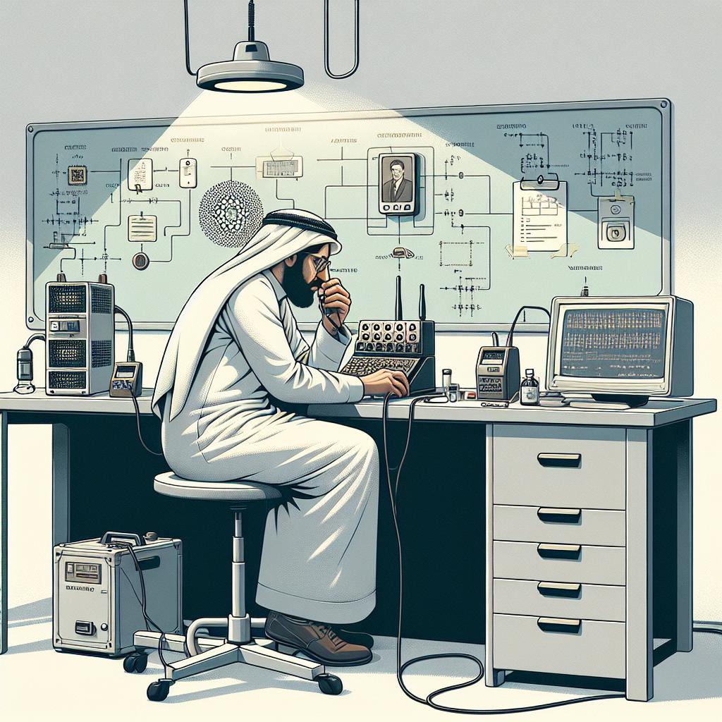 Visualize a 2D-linear perspective image in a flat, vector, and corporate style. Set against a white, texture-less background, the scene unfolds in a sterile laboratory representing the research environment. A Mid-Eastern scientist sits hunched over a peculiar gadget, a portable voice encrypting machine, aptly symbolizing the Delilah project. Buzzing around him are his methodical notes revealing his detailed, creative process. Integral to the scene, and showing a focus on engineering and electronics, are circuit structures placed strategically around the lab. Note the absence of any direct or indirect likenesses to Alan Turing.