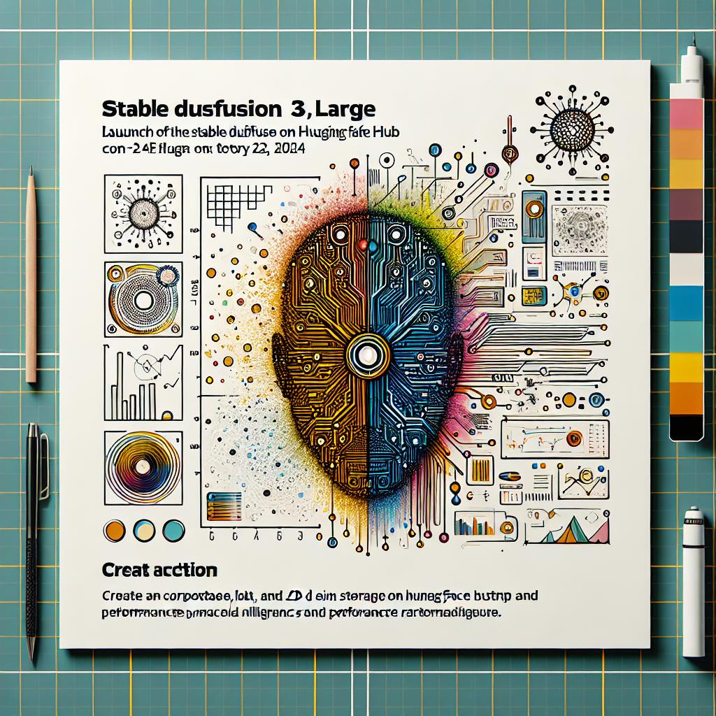 Create an image in a Corporate, Flat, and 2D Linear style that showcases the launch of the Stable Diffusion 3.5 Large on Hugging Face Hub on October 22, 2024. The image should be a graphic representation of the Stable Diffusion 3.5 model, featuring elements of artificial intelligence such as circuits and performance graphs. Also include illustrations of images generated by the model. The image should have a white, textureless background. Additional elements include vibrant colors to capture attention and reflect creativity, and prominent text that includes the title of the article for quick identification of the topic.