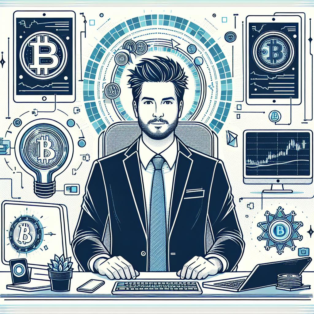 Illustrate an image in a vectorial, flat, and corporate style (similar to graphic designs before 1912), on a white and textureless background using a 2D, linear perspective. The image should visualise a generic male individual who is an innovative figure in the cryptocurrency world, depicted in his workspace. Around him should be elements that represent blockchain and artificial intelligence. This includes items like Bitcoin price charts and technology icons. Additional elements should include computers and mobile devices to represent the accessibility of a revolutionary platform being launched.