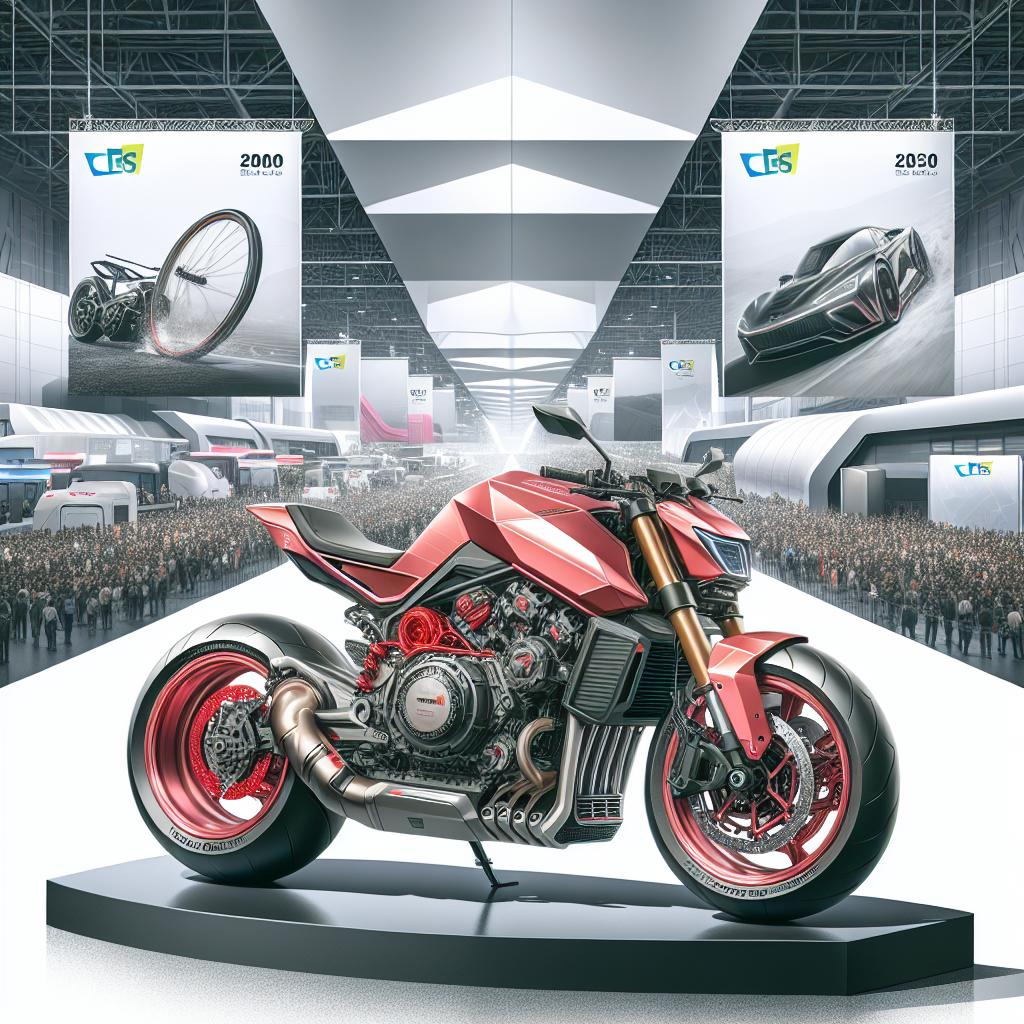 Create a 2D, flat, corporate-style vector image that represents the powerful Souo S2000 motorcycle, which was premiered at the CES 2025 event in Las Vegas. The motorcycle is an attention-grabbing red symbolizing power and appeal and it stands out in a scene dominated by electric vehicles. It has a 2-liter, 154 horsepower combustion engine and these intricate engine details should be highlighted in the design. The setting for this image is the CES event, portrayed as a hub of innovation. Also incorporate the logo of Great Wall Motor, the motorcycle's manufacturer, into the image. All this is set against a white, textureless background.
