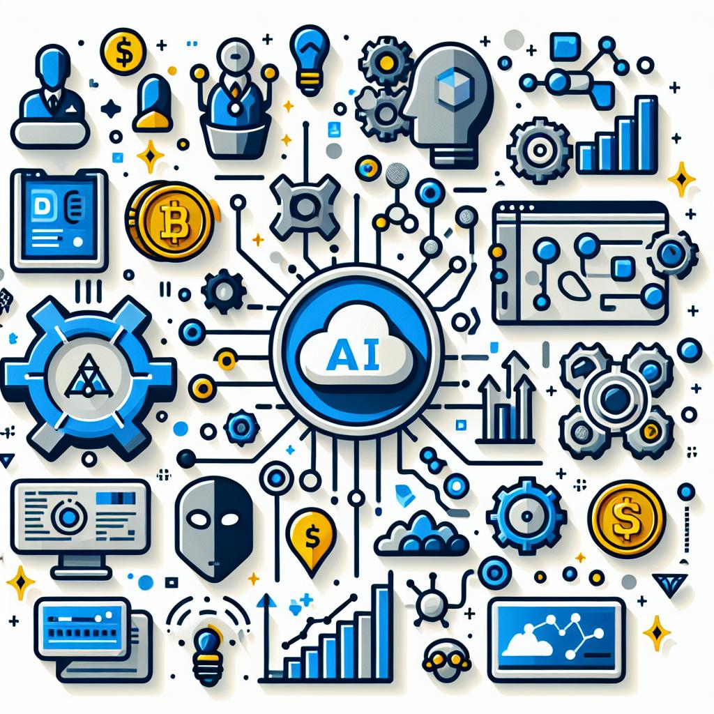 Create a 2D flat corporate style vector image representing the Cloudflare marketplace interface with untextured white background. Display a symbiosis between the web and AI with the help of different design elements. Incorporate icons representing blockchain and monetization, specifically coins to symbolize revenue generation. Include figures representing bots to signify data scraping actions. Dominant colors of the design should be blue and grey as they are often associated with technology and innovation. Also, integrate different types of graphs illustrating data analysis.