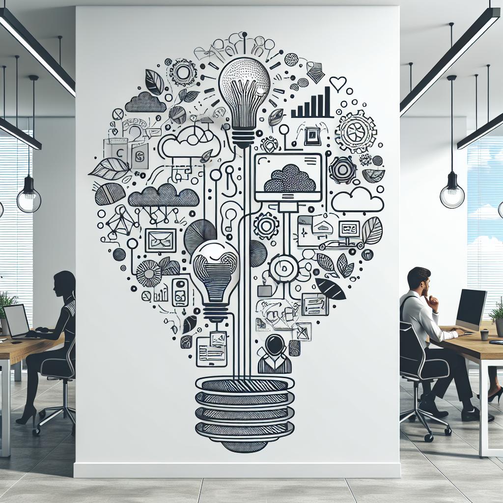 Create a 2D, linear, and flat style vector image that represents the innovative fusion of ideas and team communication. Set the scene in a modern office environment that illustrates today's workplace. The image should include symbols of connectivity to embody fluid communication between teams and visual design elements that symbolize creativity and innovation. Aim to capture the essence of improved team communication and collaboration and the reduction of noise caused by multiple platforms and apps. Background should be plain and white.