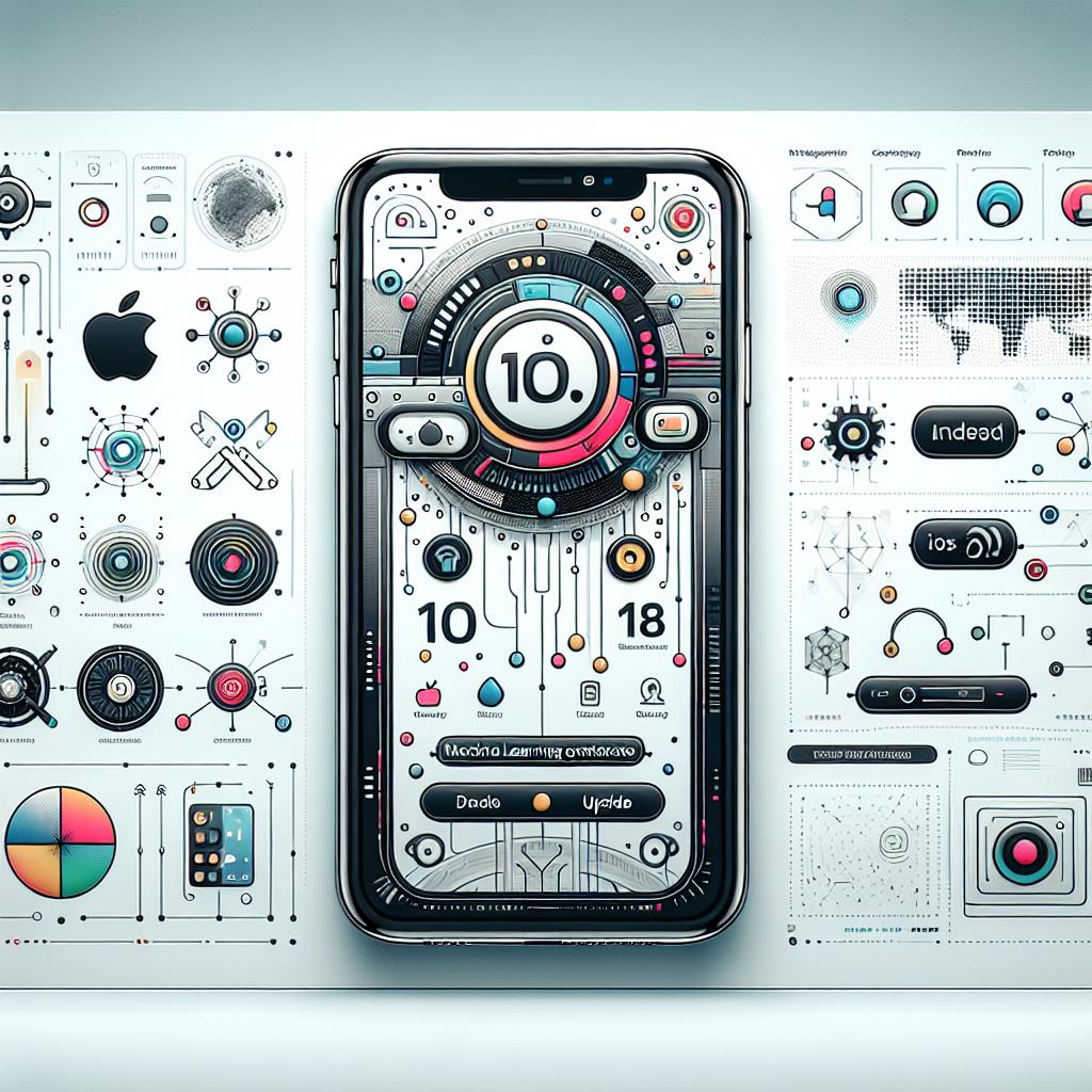 Visualize a 2D, vector-style image with flat, corporate elements on a white, textureless background. The key feature of this image is a modern iPhone which symbolizes Apple's technology. The phone's screen showcases a modernized user interface with elements that symbolize artificial intelligence such as machine learning icons and connectivity symbols. The image includes modern colors that reflect the new customization options of the user interface. A textual highlight 'iOS 18.1 Update' is present, emphasizing the main theme of the image. A technological background is included to provide context for innovation and modernity.