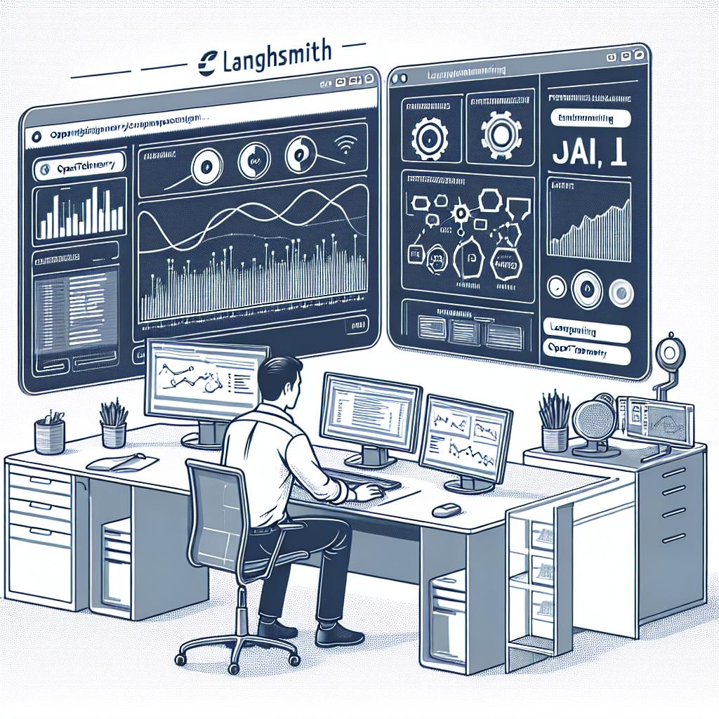 Create a corporate, flat, vector-style 2D linear image set against a plain white, textureless background. The image depicts a software developer of Asian descent, male, engaging in the monitoring and optimization of an AI application. Part of the scene is a LangSmith dashboard displaying graphs of performance data collected by OpenTelemetry. Flanking the scene are the logos of OpenTelemetry and LangSmith, highlighting the integrated tools. An overall digital environment is present to create a feeling of modernity and tech-forward thinking.