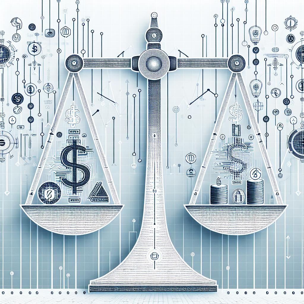Create a 2D, white, and texture-less background image in a corporate and flat vector style. Illustrate a scale balancing AI investment and financial returns, representing the tension between expenditures and profits in tech companies. Incorporate symbols of the dollar to signify financial pressure and elements of technology to symbolize the innovative nature of the sector. Include upward and downward arrows to represent the fluctuations of the stock market, signifying the rise and fall of values in this indication of financial competition. The overall image should convey the balance that these tech giants need to maintain between their investment and the return they receive.
