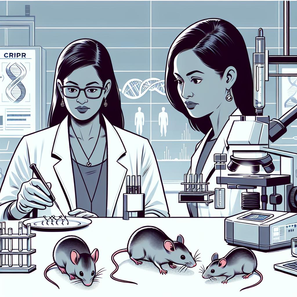 Picture a prominent South Asian female scientist in a modern laboratory setting. She is intently observing two mice, which represent the new era in genetic engineering. The surroundings comprise of state-of-the-art biotechnology equipment, including devices related to CRISPR technology. The whole scene is portrayed in a 2D linear perspective, with a straightforward and clear presentation. The overall style corresponds to a corporate, vector-based, flat illustrative approach featuring crisp lines and bold colors. The background is kept plain white to highlight the focus on the mice and the scientist.