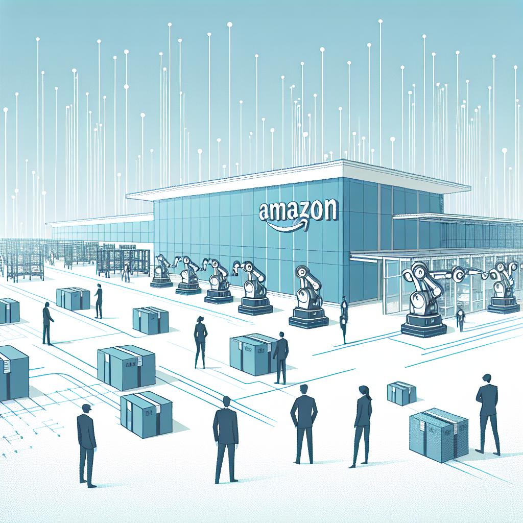 A serene image in a corporate, flat vector style, showing the modern Amazon warehouse in Shreveport, Louisiana. The 2D, linear perspective view shows robotic machines, symbolizing increasing automation, operating in harmony in the background on a textureless white backdrop. Human employees, representing a diverse workforce of different genders and descents, interacting with these machines. The overall color palette is neutral with shades of blue, portraying an environment of modernity and efficiency.