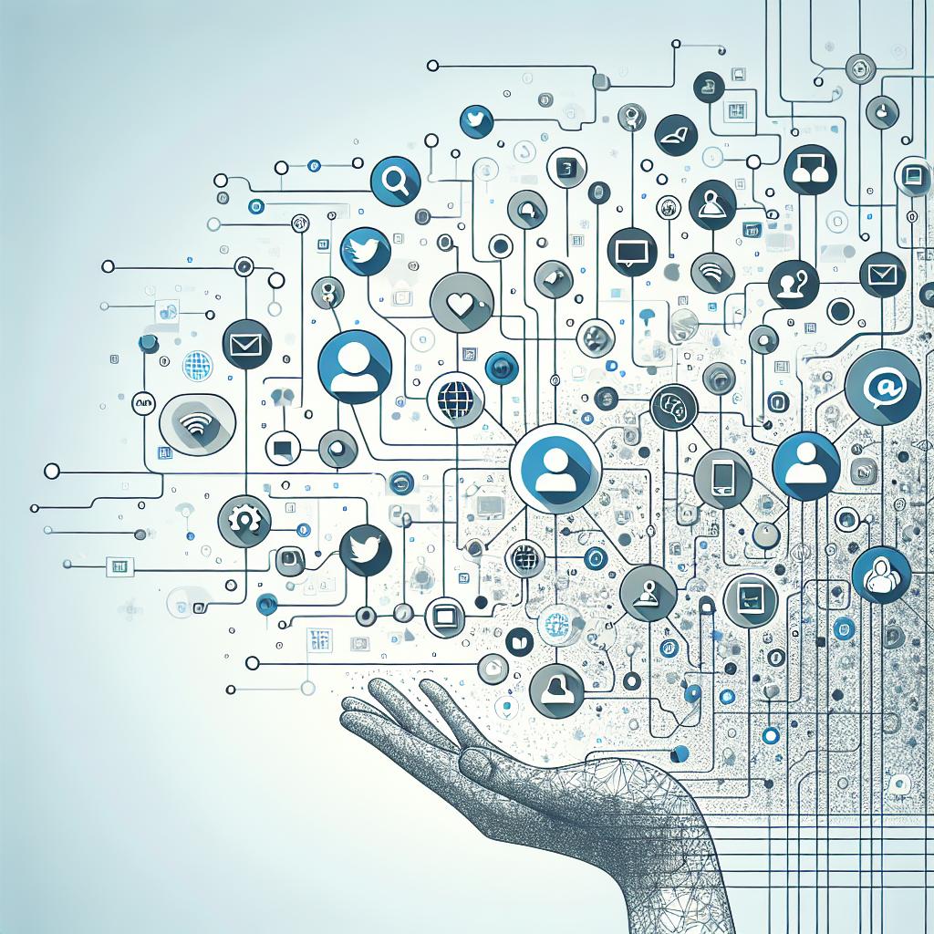 Create a flat, corporate-style, vector illustration in 2D perspective on a white, texture-less background. The main focus of the image is various social network icons representing the diversity of platforms. They are interconnected with pathways symbolizing user interaction and communication. The image is infused with a faint light blue background color to convey a sense of modernity and technology.