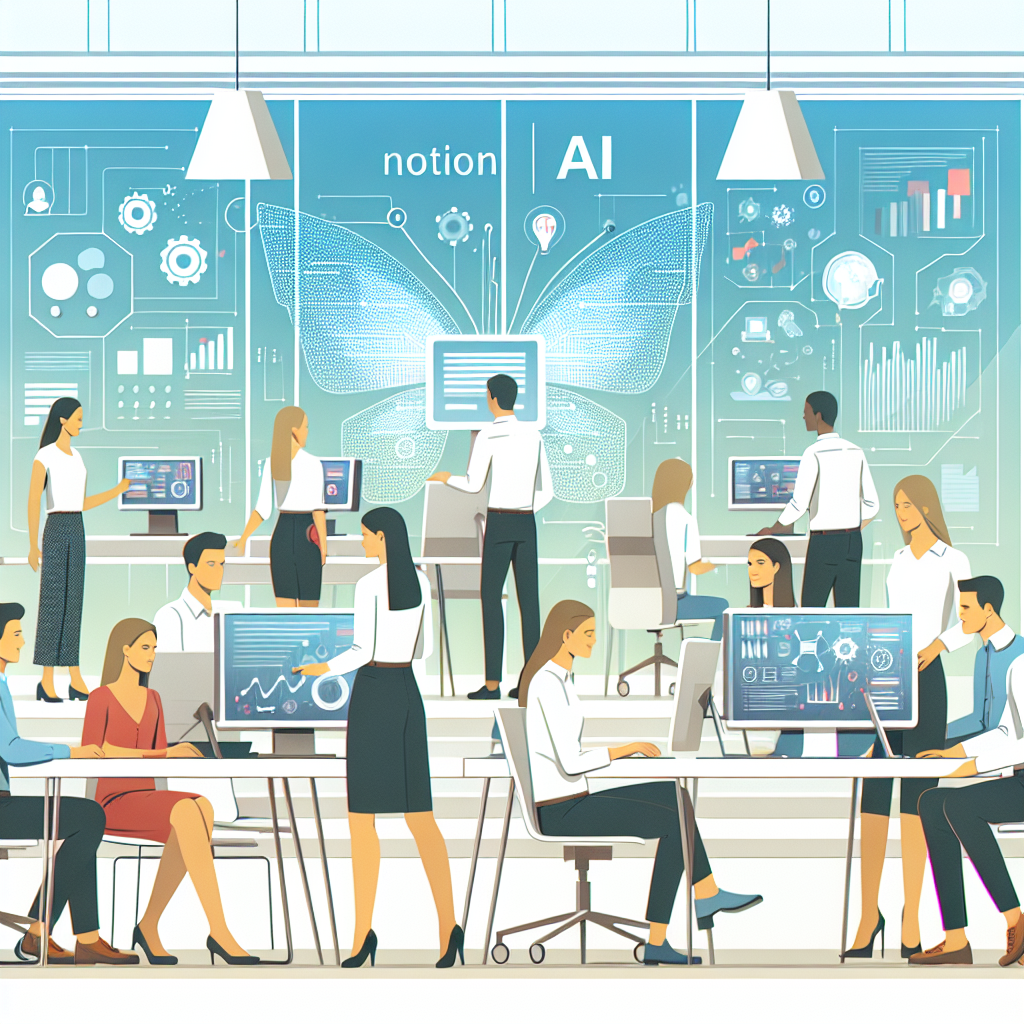 Generate a 2D, flat, and vector styled image illustrating the work transformation with the help of the Notion AI tool launched on September 30, 2024. The image should depict a team of professionals, of varying genders and descents, interacting in a cutting-edge office ambiance. They should be effectively engaging with a Notion AI interface on computer screens. Use elements such as modern computers symbolizing technology and innovation, depictions of graphs and charts on the screens representing data analysis and efficiency, and people smiling and interacting representing a positive working environment. The environment should have a collaborative workplace feel and impression. Use white as the background color and soft, bright colors to evoke a sense of calmness and focus.
