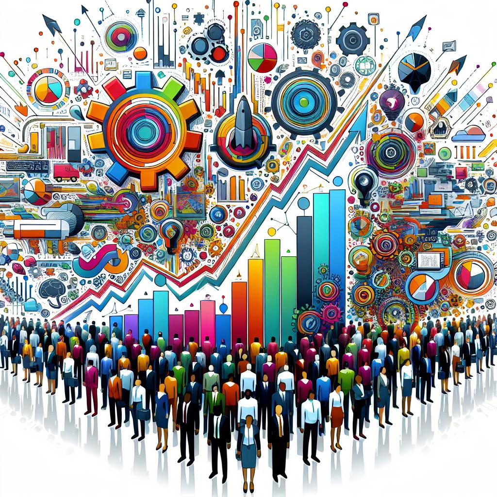 Generate a 2D, linear perspective image on a seamless white background. The style of the image should be flat and corporate. It should depict an overload of vibrant colors to convey energy and progress. The central elements of the image are exponential growth charts, representing the revenues of artificial intelligence startups. Accompany them with technology icons embodying innovation within the sector. To highlight the importance of teams in startups, incorporate representations of diverse workers, with an equal mix of genders and various descents like Caucasian, Hispanic, Black, Middle-Eastern, and South Asian.