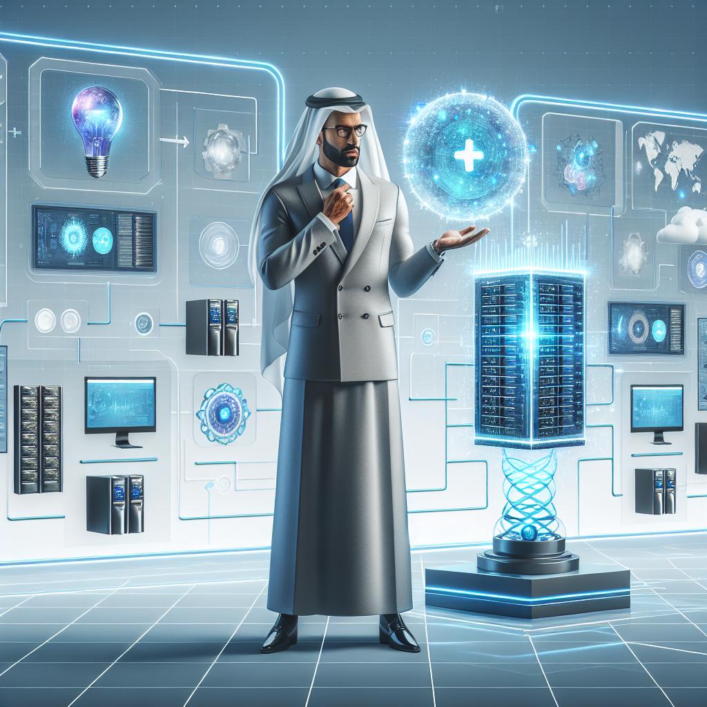 An image of a Middle-Eastern male CEO in a high-tech environment symbolizing innovation and future. He is presenting a model of his new computational intelligence platform. The CEO, donned in traditional business attire, is standing amidst sleek, futuristic settings, dotted with holograms, servers, and scientific data visualization. A software model, glowing in blue and white, floats nearby representing his advanced technology. A + sign of affirmation is placed subtly into the layout, suggesting anticipated success. The atmosphere is filled with ultramodern lighting that gives a sense of technological advancement. The image is styled in a vector-based, flat, corporate fashion. The background is plain, textureless white. The perspective is linear 2-dimensional.
