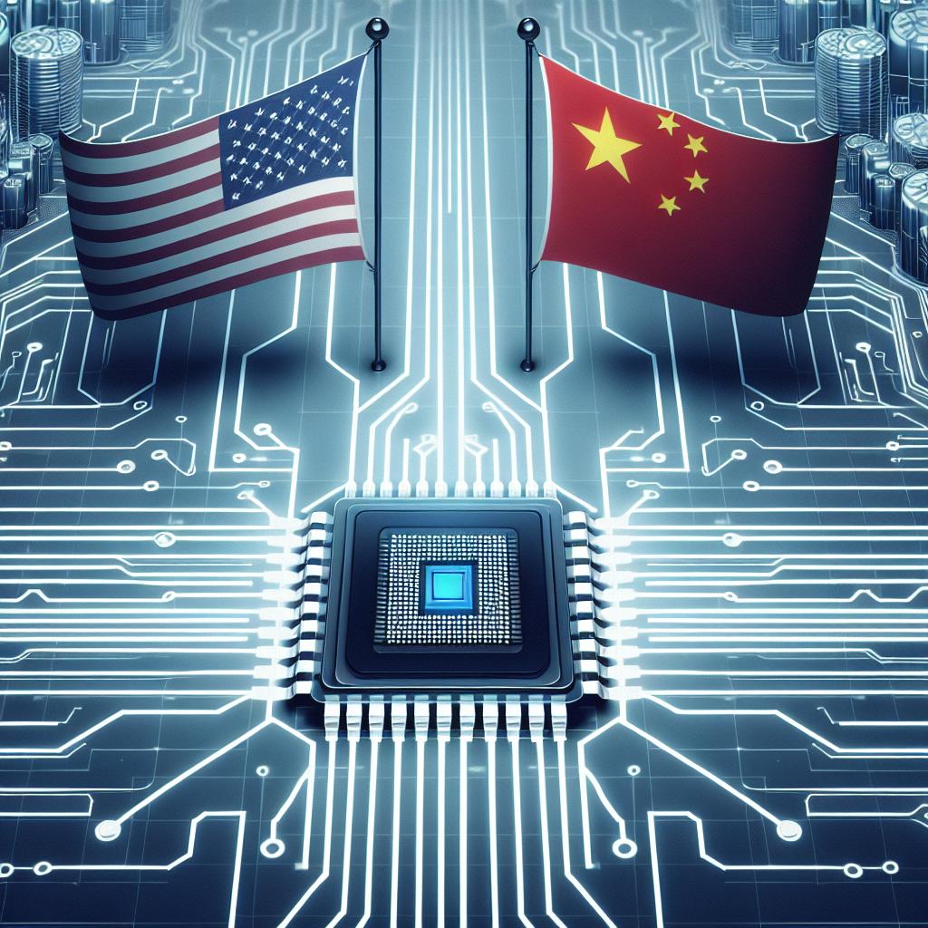 Depict a symbolic representation of the complex investment and technology relations between two major global powers, symbolized by two distinct flags. Include a semiconductor chip to symbolize the central technology under debate, set within a high-tech or futuristic background that suggests dominance in the artificial intelligence and innovation sector. The image should be in a flat, corporate vector style with a 2D linear perspective on a plain, textureless white background.
