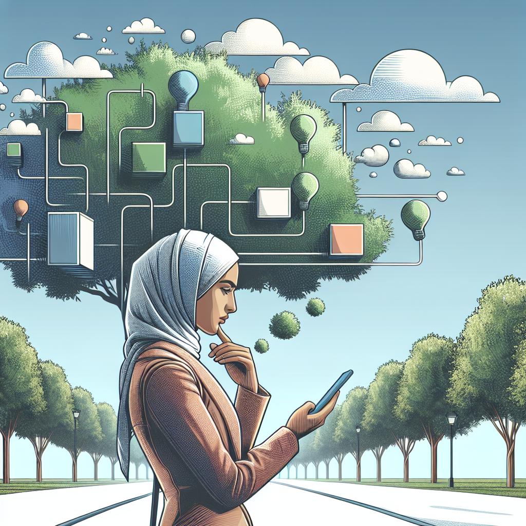 Depict in a 2D, linear perspective, a Flat and Corporate style image on a white, textureless background. Picture a Middle-Eastern woman walking through a park, her hand holding a smartphone as she records her thoughts. Surround her with a setting of verdant trees under a blue sky, representing a tranquil environment favorable to creativity. The smartphone should symbolize the technology used for idea capture. The park should symbolize a relaxing atmosphere that stimulates creativity; the clear blue sky suggests freedom and an expansive space for new reflections. The thoughtful woman illustrates the act of rumination while on the move.
