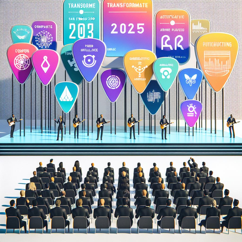Render a 2D, flat, corporate-style vector image representing the upcoming event, 'Transform 2025.' It's June 2025 in San Francisco, and ten dynamic companies are presenting their generative artificial intelligence products that could revolutionize the business sector. They are standing on a sleek, modern stage, reflecting the forward-thinking spirit of the event. In the crowd, industry leaders show their active engagement. Add vividly colored banners bearing unintelligible company names, guitar pick shapes preferably, to symbolize the event's participants. Finally, incorporate subtle elements of visual technology to represent AI in action. Keep the background plain and white, echoing the simplicity of minimalist corporate culture.