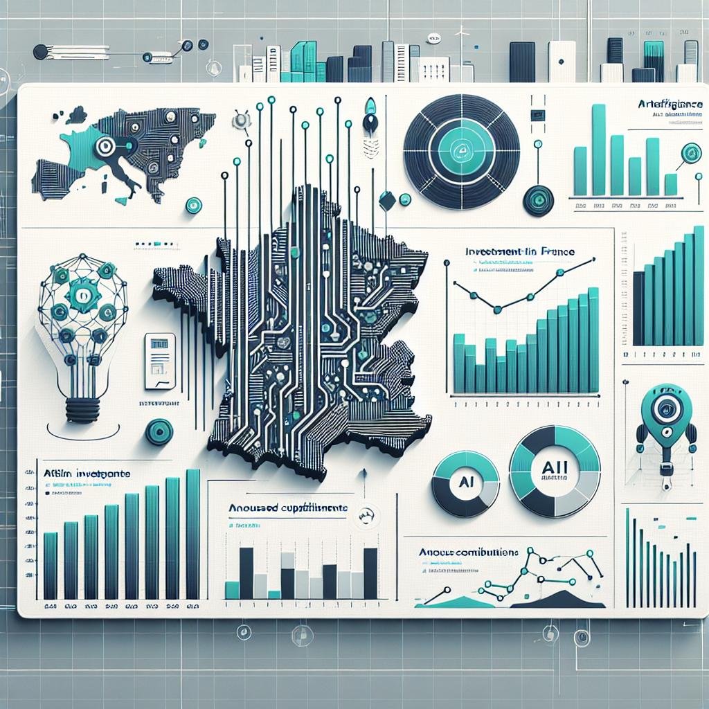 Create a 2D, linear perspective and vector-styled image with a corporate feel. The image has a white, texture-less background. In the center, we see various graphs and charts showcasing the evolution of investments in artificial intelligence (AI) in France, as well as highlighting key announced contributions. A bar chart should be included to depict the investment growth over time. Be sure to add a map of France marking the locations of the data centers. Technological symbols, such as circuit boards or robotic arms, should be subtly present to represent the AI sector. Use modern color palette that gives a sense of innovation and technology.