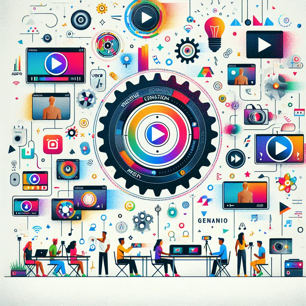 Imagine a conceptual preview of a powerful video and audio generation tool named 'Movie Gen', anticipated to launch on Instagram in 2025. The image shows the tool in use, generating different types of videos with vibrant visual effects and personalization elements, all on a white, texture-less background. The elements are rendered in a flat, corporate-friendly vector style with vivid colors symbolizing creativity and innovation. It includes icons of video and audio indicating the functionalities of 'Movie Gen.' You can see people of different descents, like Hispanic and Middle-Eastern, using digital devices embodying the accessibility of the tool. Dynamic animation visuals accentuate the tool's customizability. Lastly, a company logo that says 'Meta' associates this innovation with the company but doesn't look identical to any known company's logo.