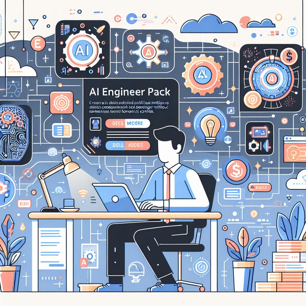 Create an image that is set in a corporate, vector and flat art style. The image is from a 2D linear perspective on a white, textureless background. It should illustrate the scene of December 11, 2024, when the AI Engineer Pack was launched, which offers more than $50 in artificial intelligence development tool credits. This allows developers to test their ideas without significant financial worries. Depict a South Asian male developer working on a laptop, surrounded by icons symbolizing various AI tools and technological innovation. These icons represent the diverse options available in the pack. The additional elements to include are a technological background symbolizing the advancement and modernity of the sector, soft light to create an inspiring and creative environment, and vibrant colors to convey dynamism and innovation.