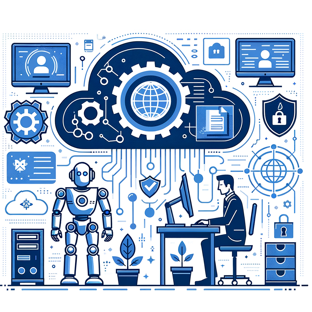 Create a vector-based, flat, and corporate styled image in a 2D linear perspective with no texture and a white background. This image should include a digital robot to represent the digital workforce, interacting with a cloud symbolizing the Next Gen Cloud-based platform, and a computer network signifying data and system integration. Include a Middle-Eastern man working on a computer to depict the collaboration between humans and technology. Additionally, incorporate safety icons to symbolize data security in client's infrastructure. The color palette should predominantly be blue and white to represent technology and safety.