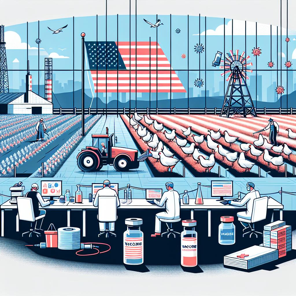 Create an illustration that showcases the United States' preparation for the increasing threat of avian influenza (H5N1). The scene should be in 2D linear perspective with a white textureless background. It should be vector flat corporate style to keep the level of simplicity yet professional touch. Programme the scene to have American farmers and health care professionals geared up to face the H5N1 virus threat. Farmers should be shown working hard in the fields, signifying the front-line defense against the virus spread. Scientists should be depicted in the lab working on the research and innovation needed to develop vaccines. Lastly, depict vials of vaccine indicating preparation for pandemic response.