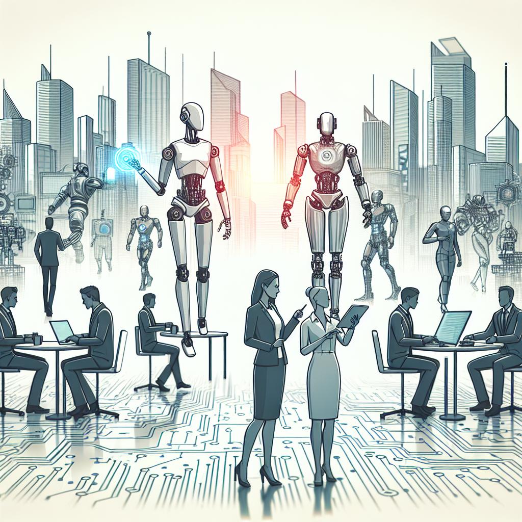 Create a futuristic depiction showcasing the impact of artificial intelligence on industries. This scene should illustrate robots and humans of different genders and descents working together in a sleek, modern technological environment. The image is imagined in a 2D, linear perspective, employing a vector, flat, and corporate style, much like designs before 1912. The additional elements of this image include an advanced robot symbolizing progressive AI, and a human embodying the collaboration between technology and humanity. Imagine a backdrop of cutting-edge future cities, accentuating the promising future that AI could provide, interweaved with digital circuits representing the underpinning technology, all on a white and texture-less background.