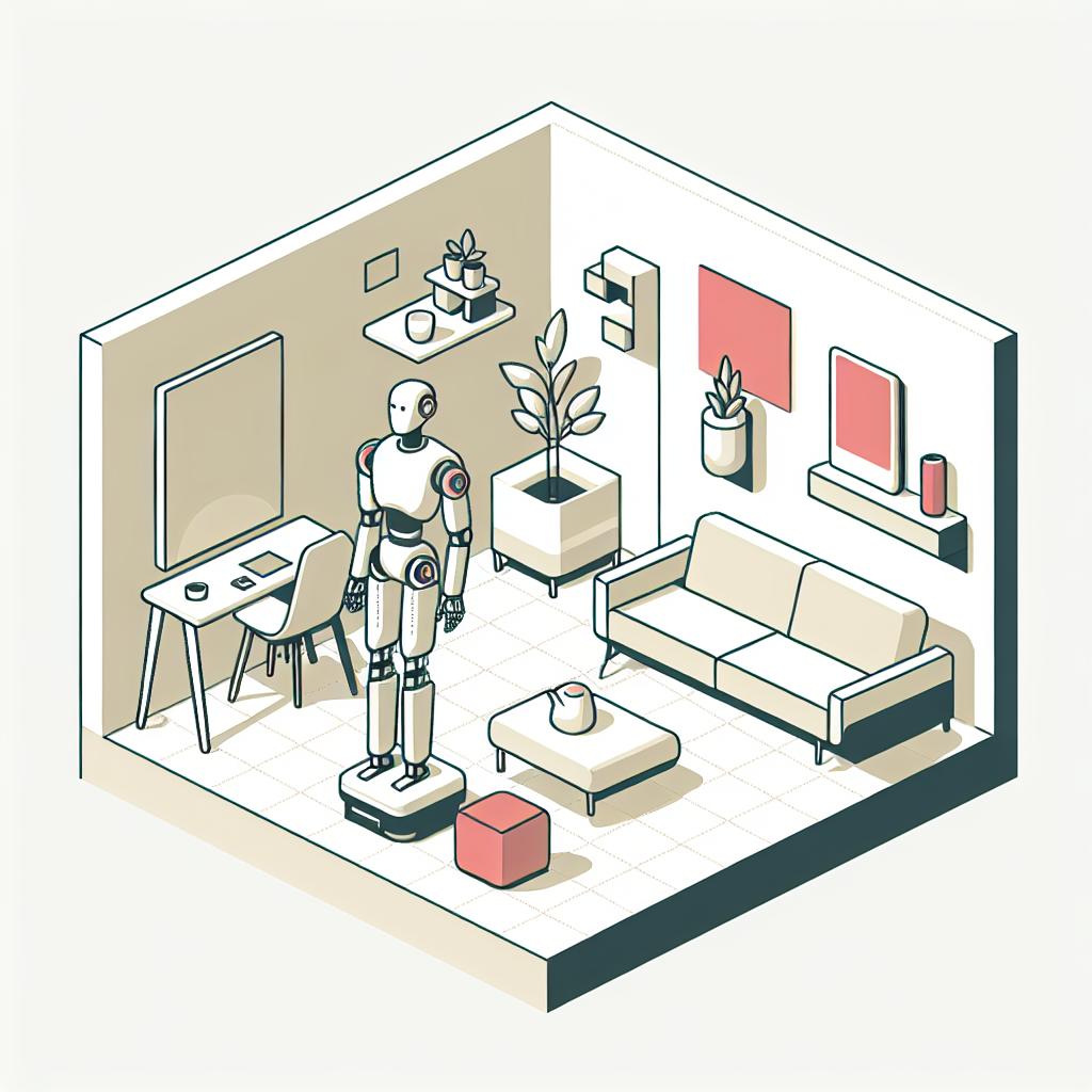 Illustrate a flat, corporate-style, vector image set in a 2D linear perspective. The image should feature a humanoid robot, representing the future of human-machine interaction, placed within a domestic environment - emphasizing the practical applications of robots. The environment should comprise of typical household elements, such as a sofa, coffee table, and potted plant. The image should be in neutral colors, providing a sense of harmony and acceptance. All of these on a white, textureless background, symbolizing the integration of Artificial Intelligence technologies into our daily lives.