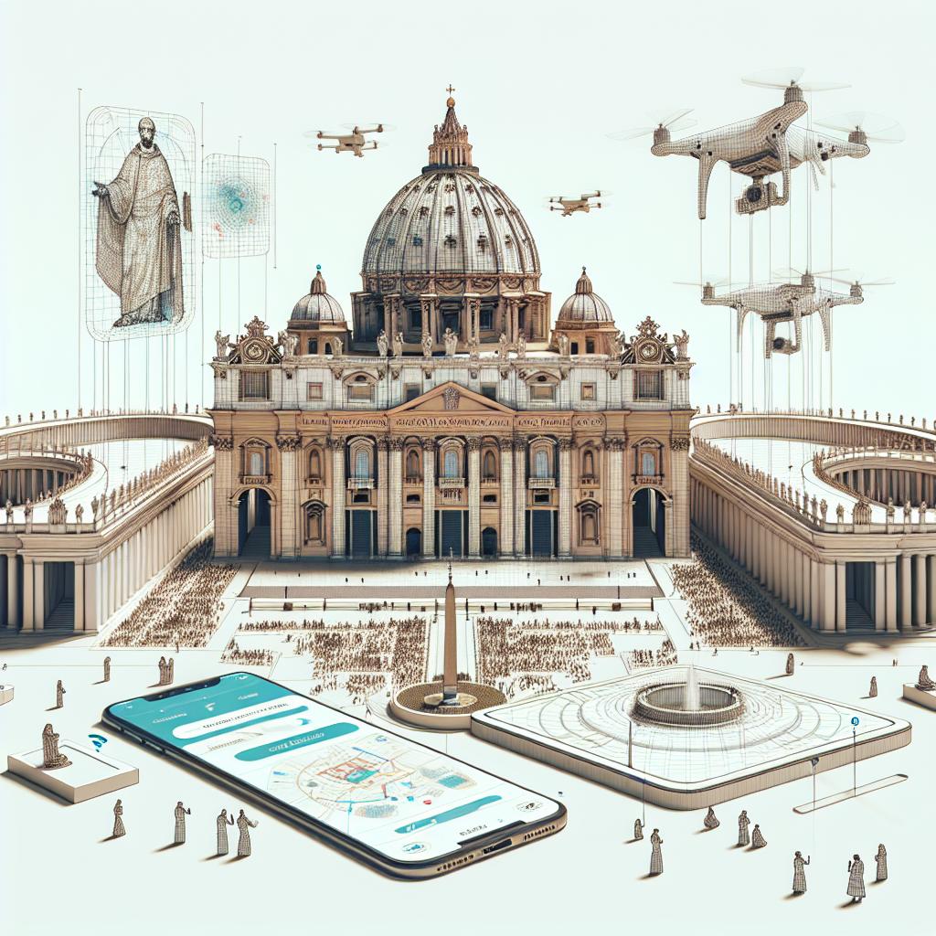 A conceptual image in a vectorial, flat, corporate style displaying St. Peter's Basilica, the jewel of Renaissance architecture, on a plain white background. The image is viewed in a 2D, linear perspective. Enriching this architectural marvel are elements of modern technology symbolizing the Vatican's recent AI services roll-out for virtual tours of the basilica. There are holograms representative of the immersive viewing technology, drones implying the technique used for scanning the basilica, and various people with mobile devices depicting digital access to, and interaction with, the new platform.