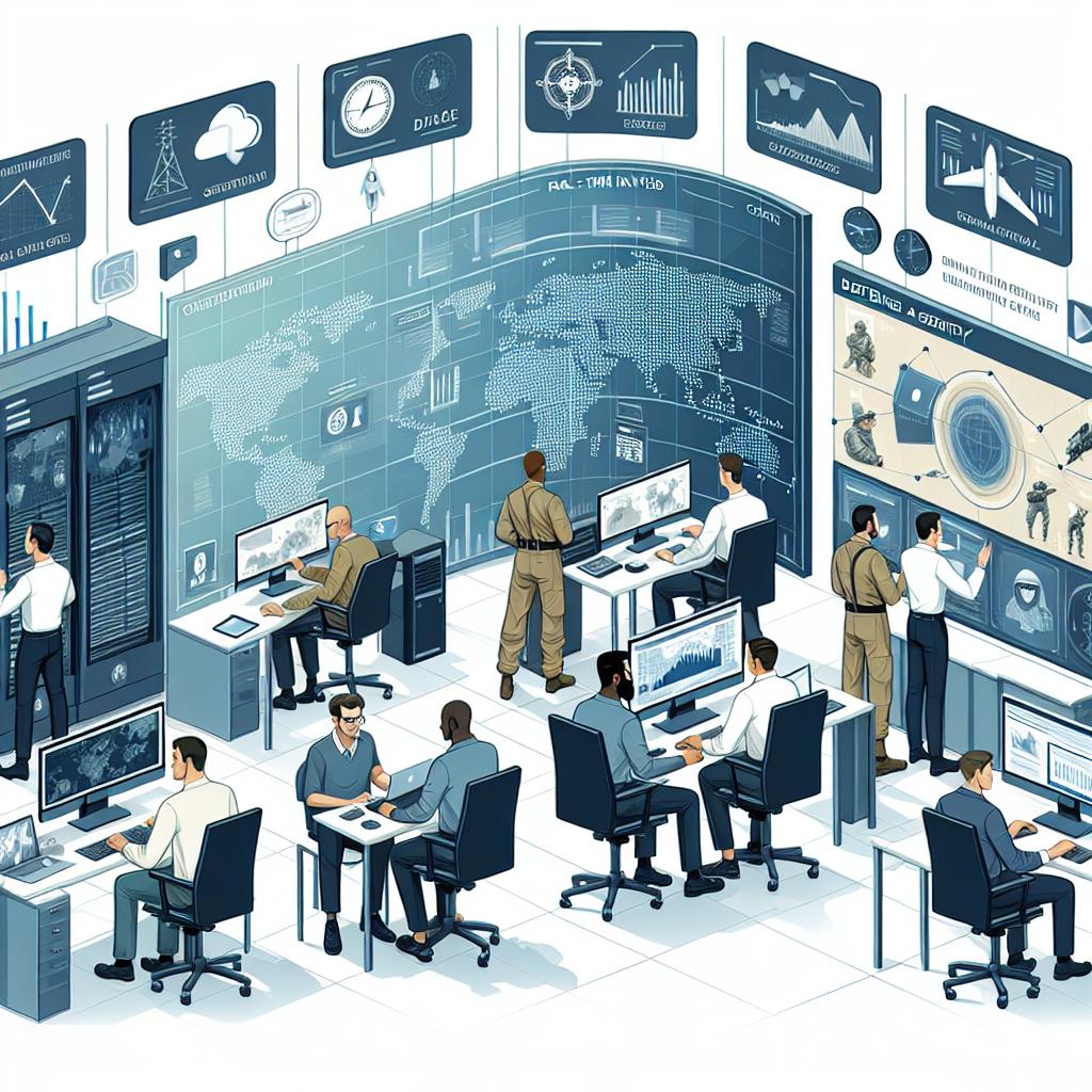 Picture an illustration of a team of engineers of both genders and varying descents such as Caucasian, Black, Hispanic, Middle-Eastern, and South Asian, working in a high-tech environment. They're working on advanced computers, analyzing data about defense and security. The setting includes real-time data charts and representations of global conflicts. The style of the image is flat, corporate and vectorial, all set on a white, texture-less background. The perspective is 2D and linear. Extra elements include data charts depicting real-time analysis, state-of-the-art computers symbolizing the cutting-edge technology used, global maps indicating the scope of defense operations, and the logos of Vannevar Labs and Databricks to identify the partnership.