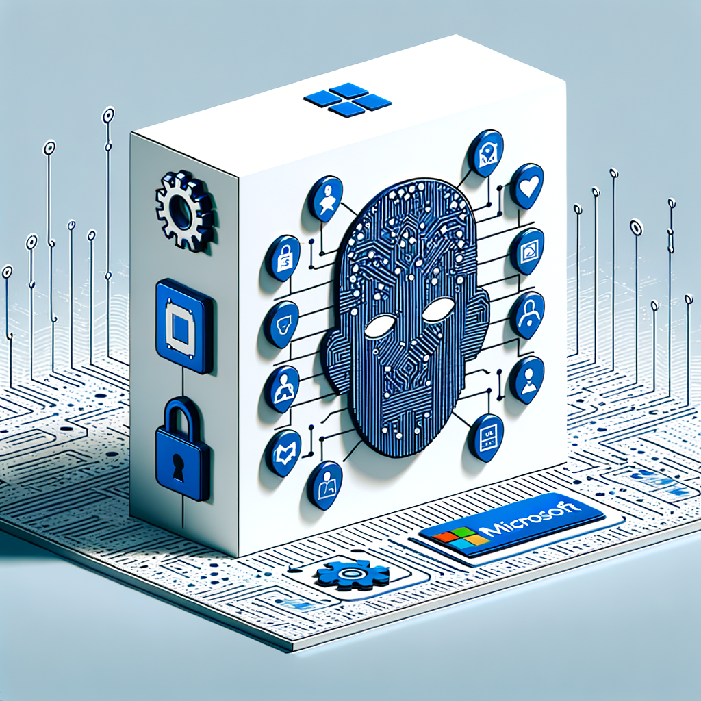 Create an image in a flat, corporate, vectorial style on a 2D plane and with a linear perspective. It should feature an artificial intelligence interface that symbolizes Microsoft's technology. The UI should incorporate security icons signifying new protective measures, privacy icons representing privacy initiatives, and data protection icons emphasizing the protection of customer data. The color palette should be predominantly blue and white, embodying the trust and safety associated with Microsoft. The entire scene should be set against a plain, untextured white background.