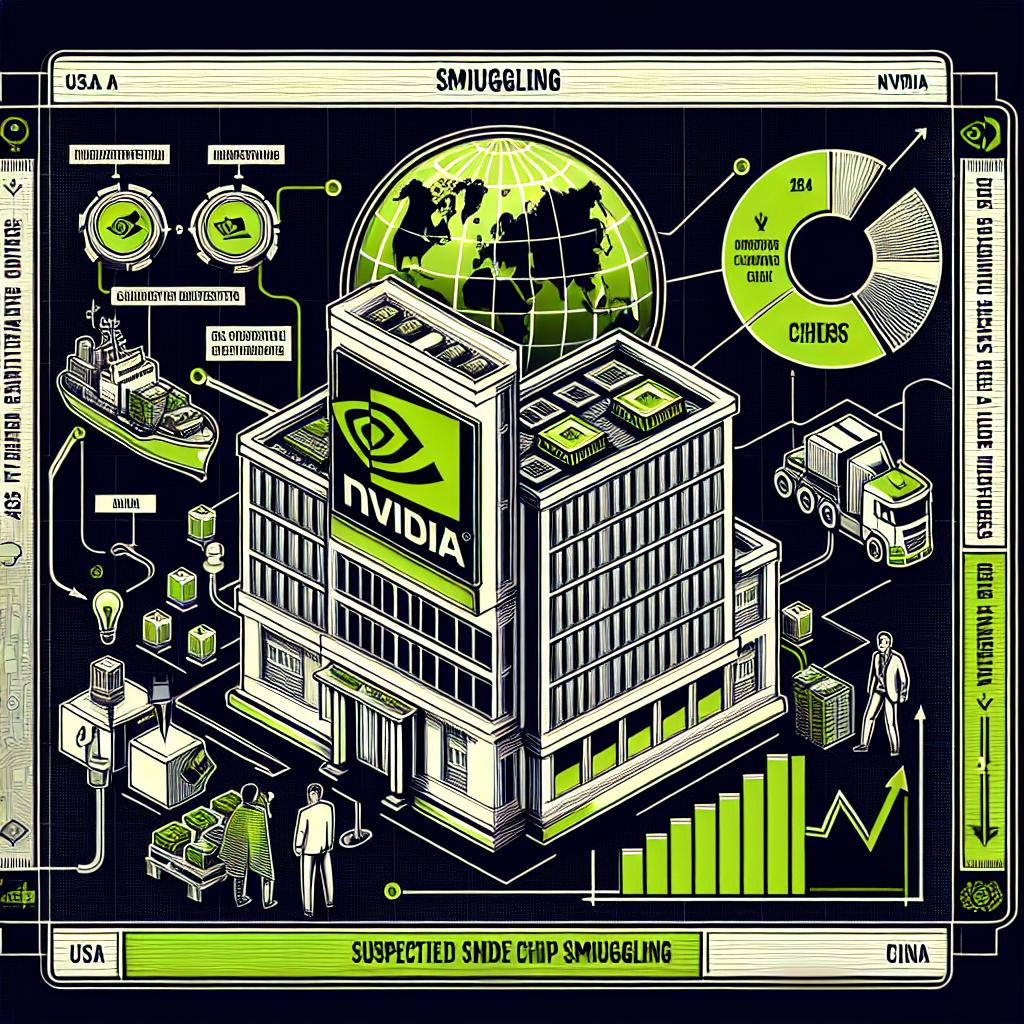Create an image with a 2D, linear perspective and a flat, corporate vector style. The main visual elements should represent Nvidia's investigation into suspected chip smuggling. The image should include an illustration of Nvidia's headquarters, various technological elements, and graphics to depict the smuggling of high-tech products. Highlighted on the background, there should be a world map with countries like the USA and China to symbolize their trade relationship. Incorporate an arrow pointing towards China, symbolizing smuggling, as well as a declining line graph to represent controlled sales. Instead of real logos, invent symbolic ones for Nvidia, Supermicro, and Dell to identify the involved parties.