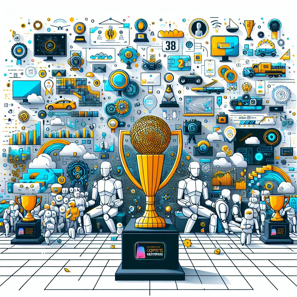 Create a 2D, linear perspective vector illustration in a corporate flat style. The image should visualize the winners of the 'Project Odyssey' AI Film Competition. Present a vibrant yet textureless white background, enhanced with trophies to symbolize the awards and achievements. Include prominent scenes from the awarded films to display the diversity of narratives created. Alongside, incorporate logos of event sponsors to emphasize the role of tech companies. All of this should highlight the innovative and modern spirit of the event.