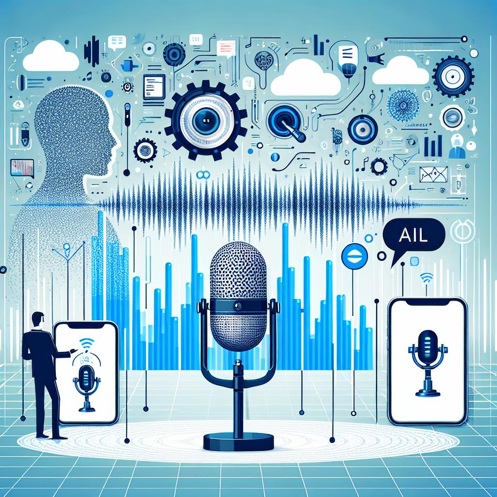 Create a flat and corporate-style vector image set against a white, textureless background that oozes modernity and technology. Depict a scenario that symbolizes the revolution in podcasting through AI. The main elements of the image include sound waves, which signify innovation in audio; smartphones that render the accessibility of the technology; and AI icons that underscore the applied technology. The overall composition should articulate a strategic partnership between two companies wherein they integrate AI's realistic voices into an app, transforming news articles into high-quality podcasts within seconds. The entire atmosphere should be filled with a vibrant blue to evoke a sensation of modernity and technology.