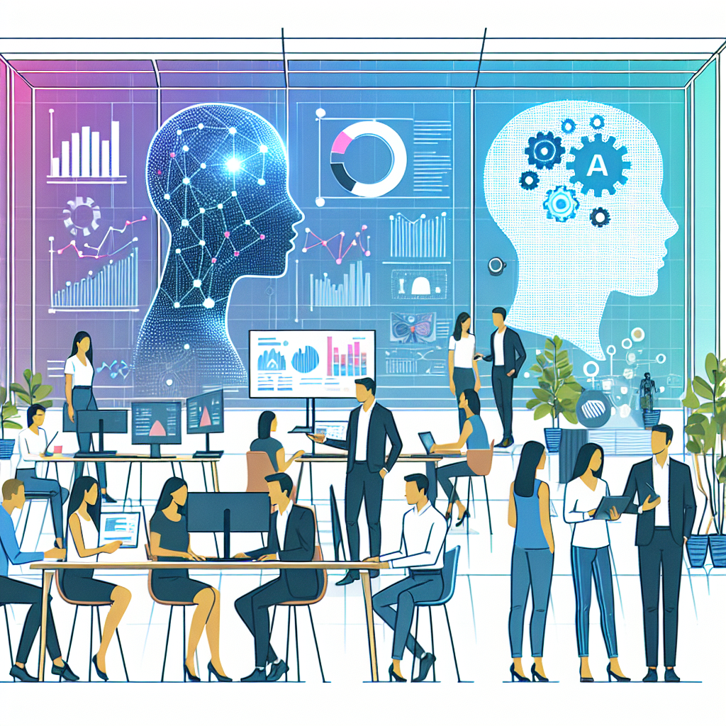 An illustration in a vector, flat, and corporate style showing a group of diverse gender and descent professionals in a modern office setting, collaborating on artificial intelligence projects. In the background, screens displaying data charts and AI representations. The atmosphere represents innovation and dynamism. Data charts represent data analysis and improvement. People interacting symbolize collaboration and team spirit. Modern ambiance reflects the culture of innovation. Elements of AI, like non-specific robots or algorithms, highlight the company's focus. Vibrant colors convey energy and passion for technology. All set against a white, textureless background in a 2D, linear perspective.