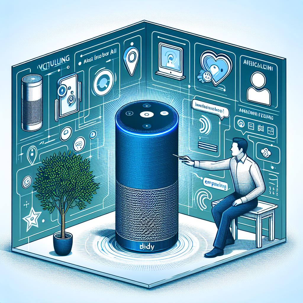 Create a 2D, linear perspective rendering of an innovative virtual assistant called 'AI Buddy', in a vectorial, flat, corporate style, against a white and texture-less background. The AI Buddy is designed to compete with the likes of Amazon Echo, sporting sleek modern design and advanced features. A person of South Asian descent is interacting with the AI Buddy in a home setting, depicting the practical application of the device. Enrich the image with vibrant shades of blue and green to symbolize technology and modernity. Also include icons representing various functionalities of the device to highlight the diverse capabilities of the AI Buddy.