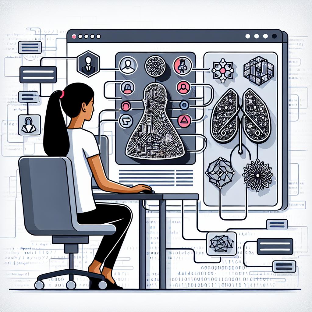 Create a modern, 2D, vector-style corporate illustration on a white, untextured background. The scene depicts a South Asian female developer interacting with the PydanticAI platform. Visual representations of various PydanticAI agents depicted as different unique icons spread around her. The scene should include stylized visualizations of large language models (LLMs) presented as complex patterned shapes or structures. The background of the illustration should subtly suggest a coding or programming environment, characterized by lines of code or binary sequences. Dynamic lines and arrows should indicate interactions or connections between the developer, agents, and LLMs.