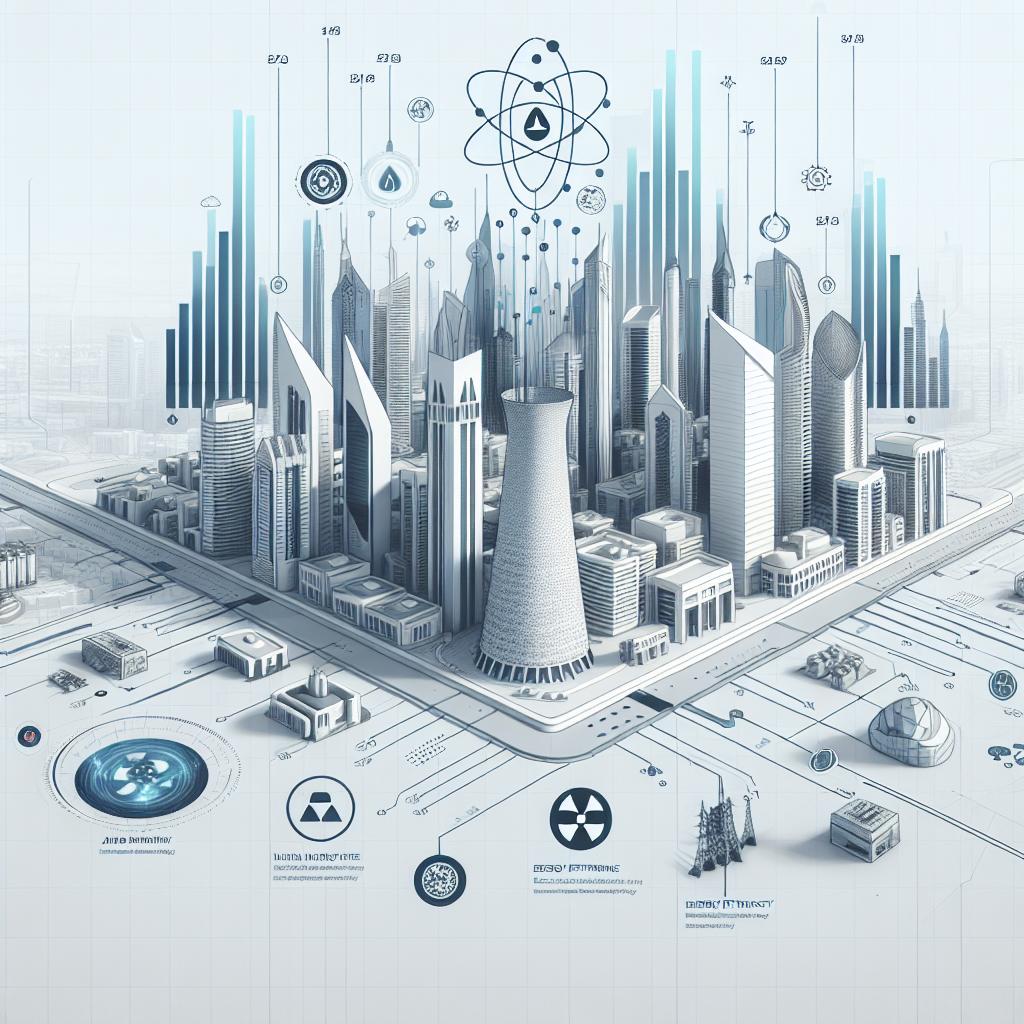 Create a 2D, linear perspective image in a corporate, flat, vector style. The background is white and textureless, with a representation of an urban scene symbolizing the United Arab Emirates as a technology hub. Include energy efficiency graphs comparing traditional energy use and artificial intelligence. Illustrate the interface or logo of the DeepSeek application, respecting its innovative aspect in the energy sector. Add nuclear energy icons to depict the energy source in question.